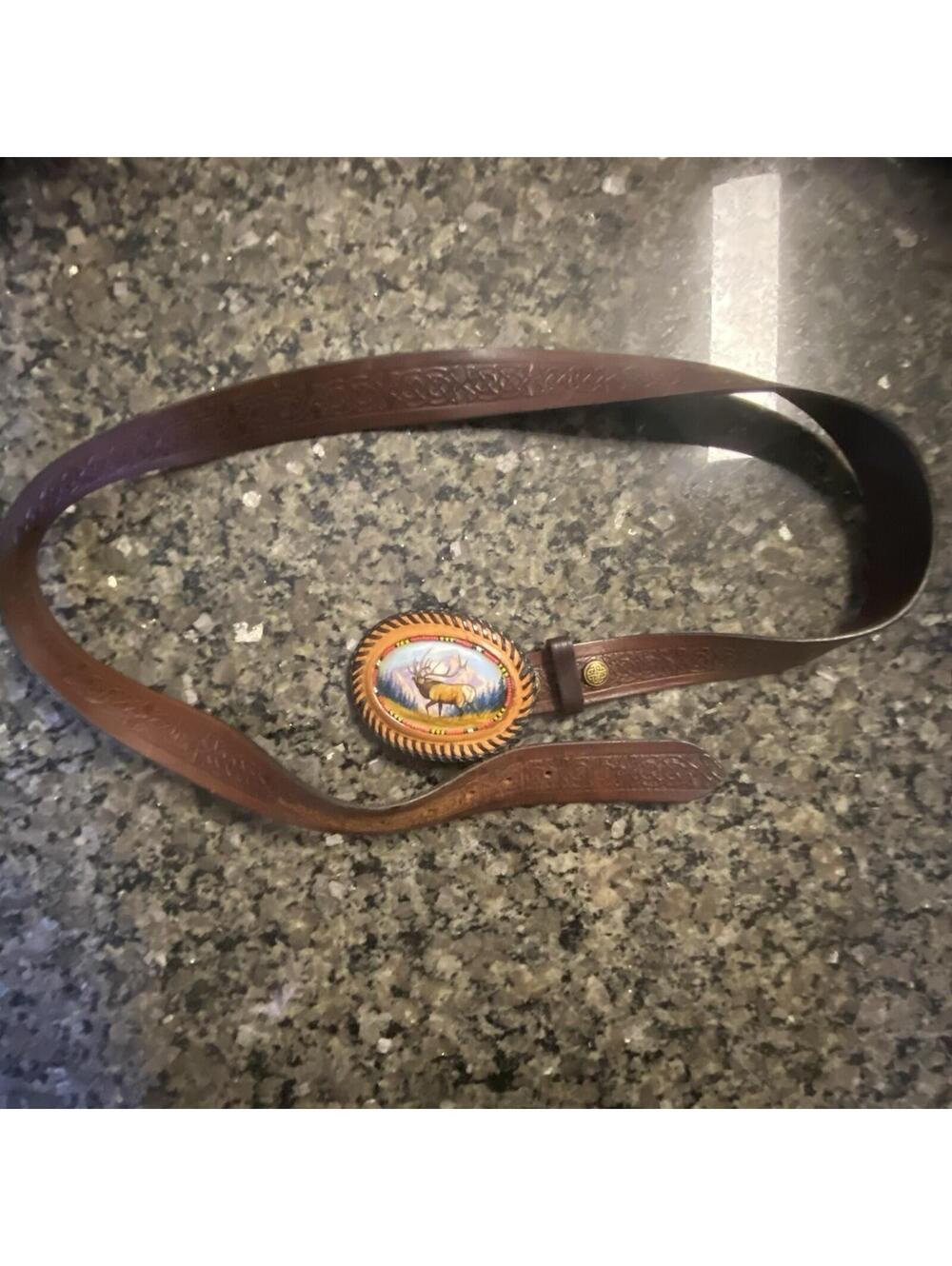 Lee River Brown Vintage Western Belt XXL Embossed Adjustable Elk Buckle Men